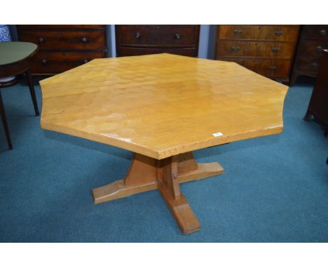 Mouseman Octagonal Oak Dining Table with Adzed Top and Mouse on Cross Support Base, Widest Point 148 cm, Length 135, Height 7