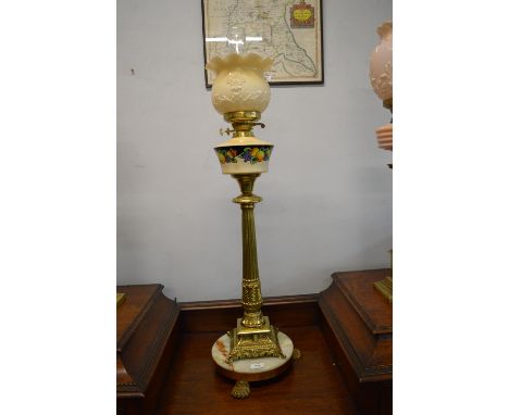Victorian Brass Oil Lamp on Onyx Base with Cream Glass Reservoir and Shade