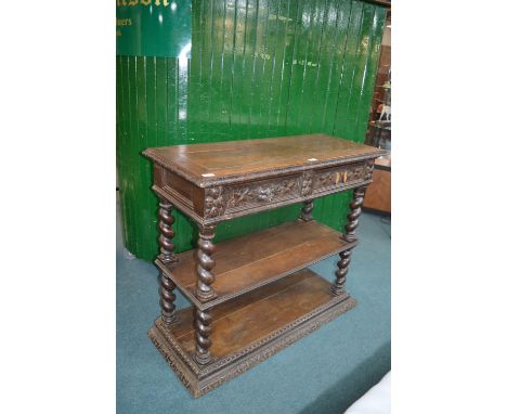 Carved Oak Console/Side Table with Lower Shelves, Carved Detail, and Barley Twist Supports (some faults, requires restoration