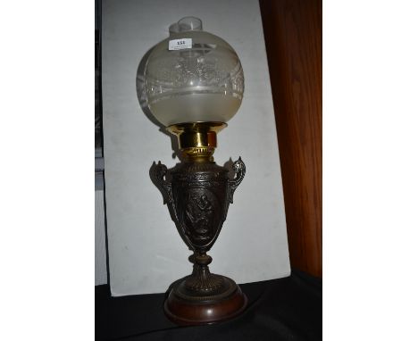 Victorian Cast Iron Oil Lamp on Wooden Base with Frosted Glass Shade (AF)
