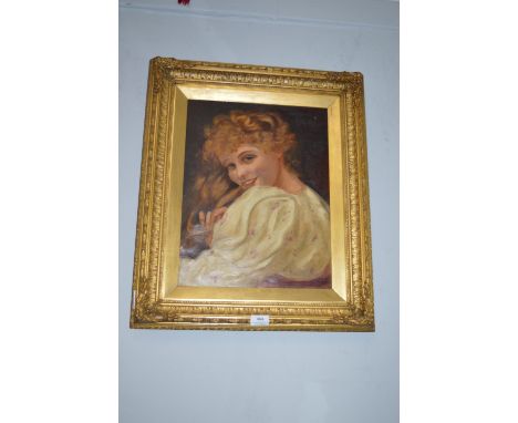 Victorian Oil on Canvas Portrait of a Young Lady in Ornate Gilt Frame Signed DMT
