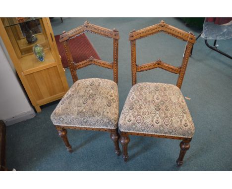 Pair of Victorian Pugin Style Carved Oak Inlaid Chair with Tapestry Upholstery