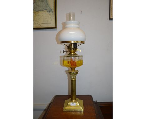Victorian Brass Oil Lamp with Clear Glass Reservoir and White Shade