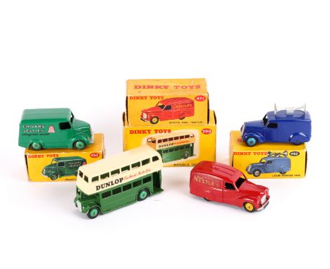 4 Dinky Toys. Leyland Double Deck Bus (290). In dark green and cream DUNLOP livery. A Loud Speaker Van (492) in bright blue w