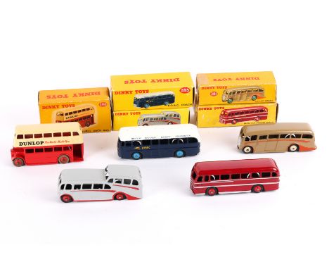 5 Dinky Toy Bus and Coaches. Leyland Double Deck Bus (290). In red and cream with DUNLOP adverts. BOAC Coach (283) in dark bl
