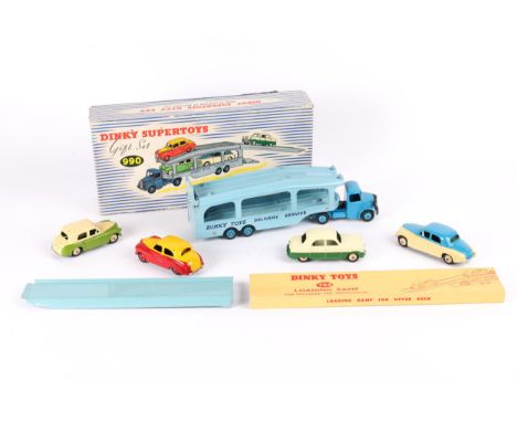 A Dinky Supertoys Gift Set 990 Pullmore Car Transporter With Four Cars. Transporter with mid blue cab and light blue trailer,