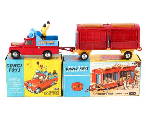 2 Corgi Toys. Chipperfield's Circus Land Rover Parade Vehicle (487). In red and light blue livery, complete with clown and mo