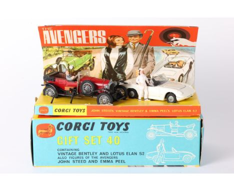 A Corgi Toys Gift Set 40 The Avengers. Comprising vintage Bentley and Lotus Elan S2, with both plastic figures John Steed and