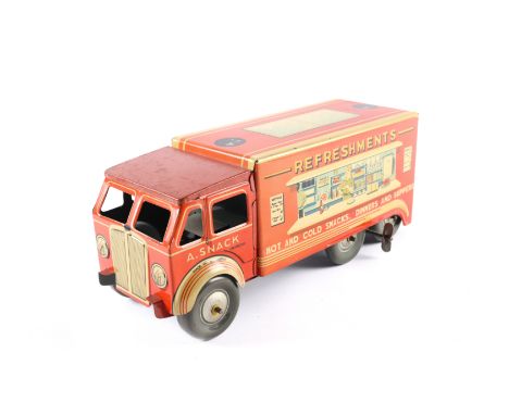 A scarce Mettoy box van with refreshments lithograph to each side, Hot and Cold Snacks. Dinners and Suppers, and A. Snack to 