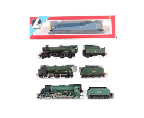 4 OO locomotives. 2 Hornby Railways- SR Class N15, Sir Dinadan and a BR Schools Class V, Dover. Plus a Bachmann BR Standard C