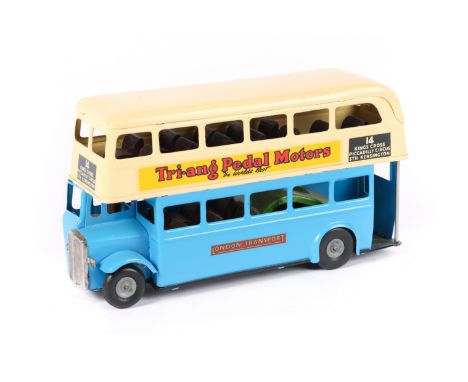A late issue Tri-ang Minic friction powered double decker bus.60M. A 'push-and-go' example in light blue and cream London Tra