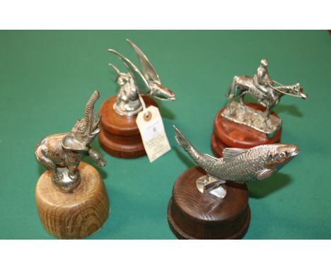 4 vintage car mascots, bonnet ornaments. Includes a DESMO racehorse with jockey, an Elephant standing on a ball with "Elephan