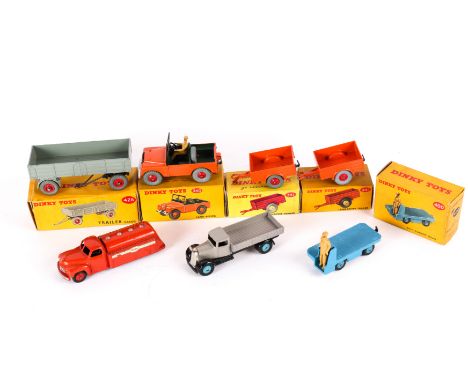 7 Dinky Toys. Land Rover (340) in orange with dark green interior, with driver. 2x Land Rover Trailer (341), both in orange, 