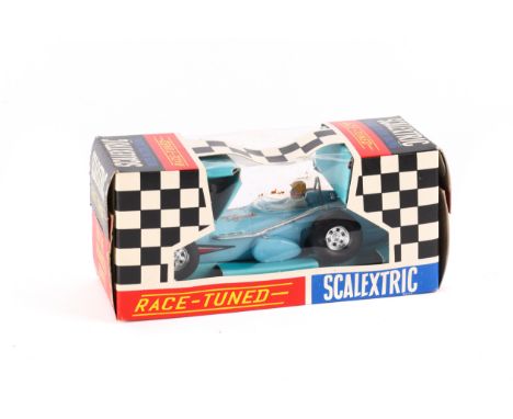 A Scalextric Offenhauser Front Engine Grand Prix, in light blue with driver. Contained in its original window box. Looks as t