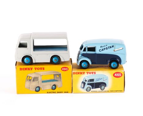2 Dinky Toys. Morris Commercial Van 'CAPSTAN' (465). In two tone blue livery. Together with an Electric Dairy Van (490) in gr