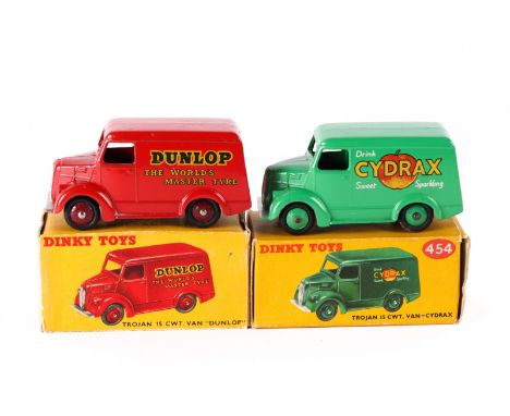 2 Dinky Toys Trojan 15CWT Vans. DUNLOP (451) in red with maroon wheels. Plus a CYDRAX example (454) in green with green wheel