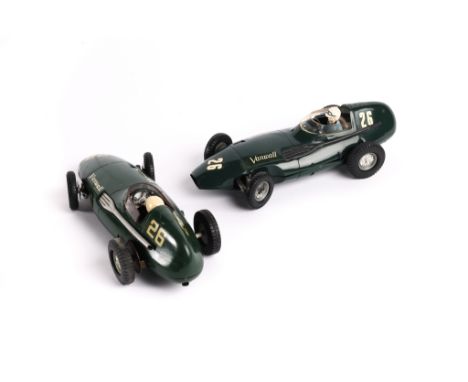 A Tri-ang 1/20 scale electric Vanwall Racing car No 26 with driver. Windscreen and driver are loose. Also comes with a wooden