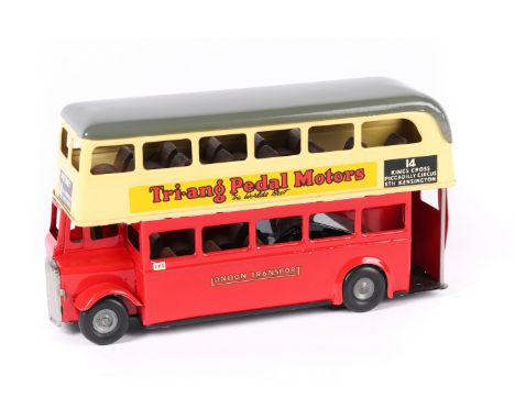 A late issue Tri-ang Minic friction powered double decker bus 60M. A 'push-and-go' example in red and cream with grey roof Lo