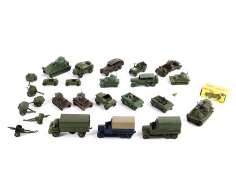26 Dinky Military. Austin Champ, boxed. 2x Medium Tanks, 4x Light Tanks, Willys Jeep, 2x Reconnaissance Cars, 2x Dragon track