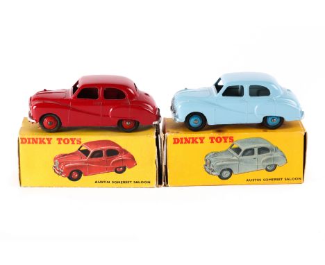 2 Dinky Toys Austin Somerset Saloons (161/40J). An example in light blue with mid blue wheels and a red example with red whee