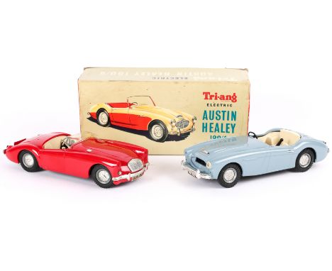 A Tri-ang 1/20 scale Electric Austin Healey 100/6. Finished in mid blue plastic body, white interior. Some parts are detached