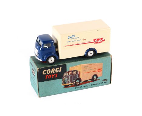 Corgi Toys Commer Walls Refrigerator Van (453). An example with a dark blue cab and chassis, cream body with Wall's Ice Cream