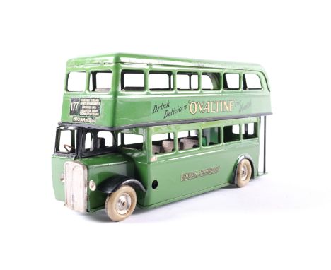 A scarce early issue Tri-ang Minic clockwork powered double decker bus.60M. An example in two tone green London Transport liv