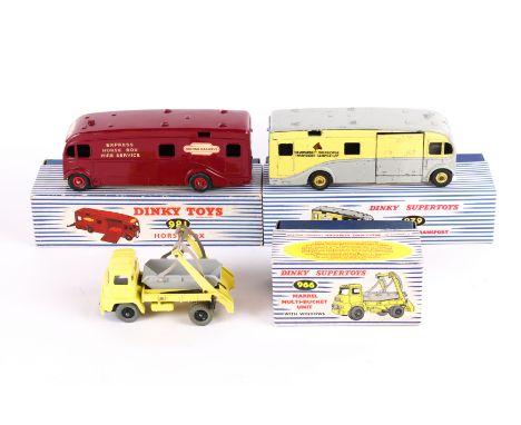 3 Dinky Toys. A British Railways Horse Box (981). In maroon livery, with red wheels, boxed. A Marrel Multi-Bucket Unit (966),