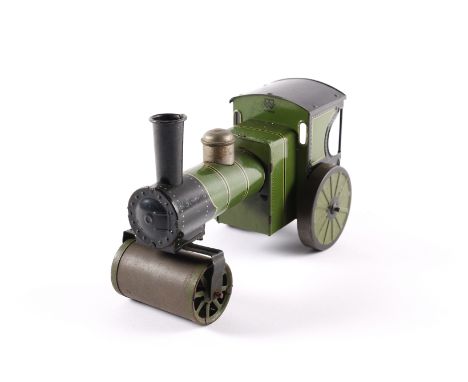 A Bing tinplate clockwork road roller. Finished in lined dark green with black cab, chimney and smoke box, metal wheels and f