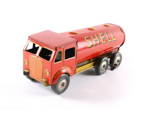 A large Mettoy clockwork tinplate AEC style 3 axle 6 wheel Petrol Tanker. 26cm. In red and yellow SHELL BP livery. Simple clo