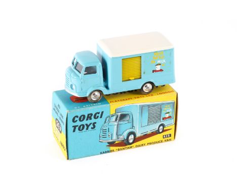 Corgi Toys Karrier Bantam Dairy Produce Van (435). In light blue with white roof, Drive Safely On Milk decals to sides. Dishe