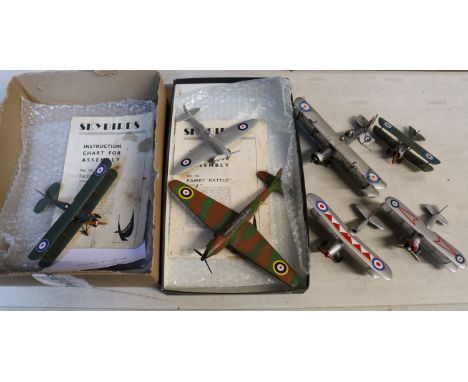 7 assembled Skybirds Aeroplanes. No.1B Fairey 'Battle'. In R.A.F. camouflage livery. No.14A Supermarine 'Spitfire 1'. In R.A.