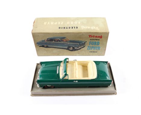 A Tri-ang Electric Ford Zephyr 1/20 Scale. A seldom seen example as this one is the Carbodies convertible in dark green with 