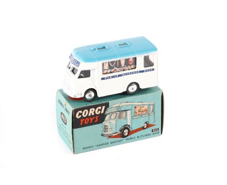 Corgi Toys Karrier Bantam Mobile Butchers Shop (413). In white with light blue roof, FAMILY BUTCHERS, MOBILE BUTCHERS SHOP bl