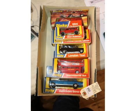 6 Dinky toys vehicles in window boxes. Includes 123 Princess 2200HL Saloon, in white, 128 Mercedes Benz 600 (Pullman), 206 Cu