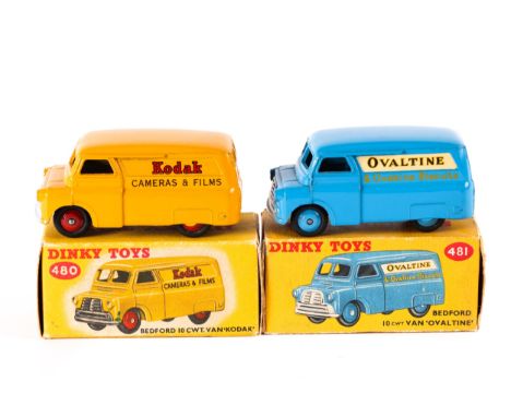 2 Dinky Toys Bedford 10CWT Vans.  KODAK (480) in orange with red wheels. Plus an OVALTINE example (481) in blue with blue whe