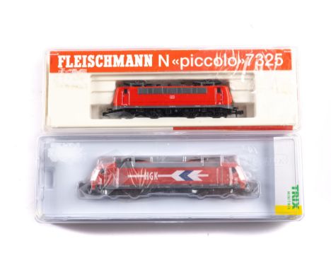 2 N Gauge Locomotives. Trix Minitrix E-Lok F 140 AC 2 Electric Locomotive (12199). In HGK arrowed red livery. Together with a
