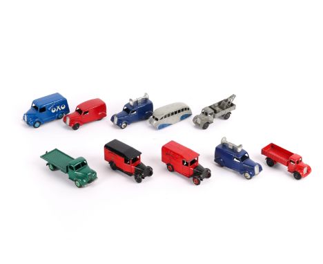 10 Dinky Toys. Trojan Van, OXO. Fordson flatbed lorry, 2x Loud Speaker Vans, Delivery Van, Streamlined Coach, 2x Royal Mail V
