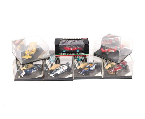 7 1:43 scale Formula One cars. A Brumm Ferrari 158, GP Italia 1964, John Surtees. Hand signed in pen on the plastic case. Wit