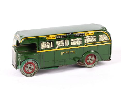 A Wells-Brimtoy Tinplate  clockwork single-deck Bus. In Green Line green livery with yellow lining. Showing destination at fr