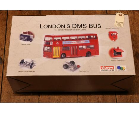 Gilbow 1:24 scale London's DMS Bus. A Daimler DMS in London Transport red livery, Finchley Garage routes, with Pearl assuranc
