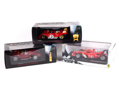 3 1:18 scale Ferrari Competition Cars. Hotwheels Racing 248 F1. 'Practice Crash' example with M. Schumacher figure. (Appears 