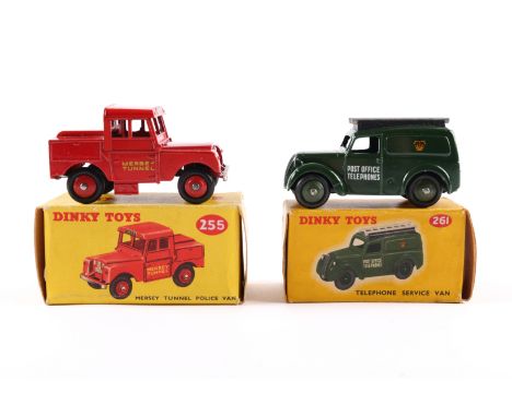 2 Dinky Toys. Mersey Tunnel POLICE Van (255), In red livery with red wheels. Plus a Telephone Service Van (261). In dark gree