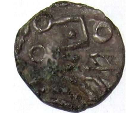 Anglo Saxon coins - silver sceat [c.710-60]. SERIES R. Obv. head right with runes. Rev. standard. 0.61g. [Spink 813A - £150 i