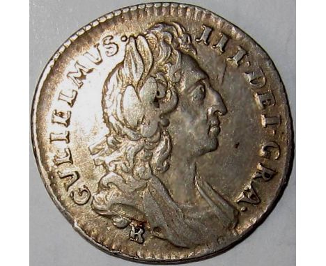 WILLIAM 111 [1694-1702] silver sixpence. coin BRISTOL mint – B below bust. 1696 Early harp, 1st bust, large crowns. [Spink 35