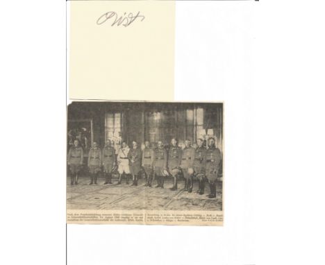 German Field Marshall Wilhelm List signed off white card with newspaper photo of all the top brass with Hitler 1940. List (14