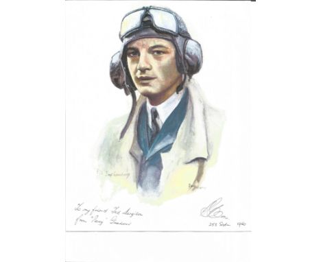 Battle of Britain pilot Ft J Greenwood signed 10 x 8 colourized portrait in flying gear, to Ted Sergison the Battle of Britai