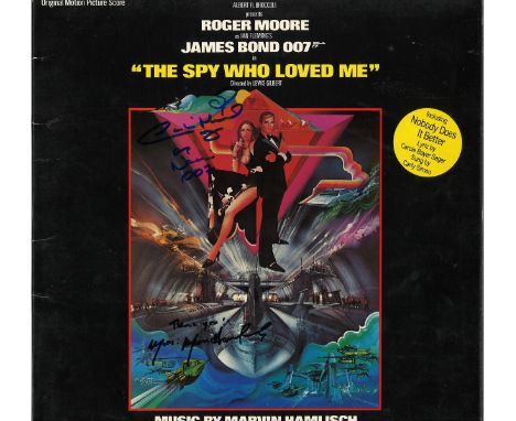 Multi signed The Spy who loved me 33rpm record sleeve. Signed on front cover by Caroline Munro and Marvin Hamlisch. Signed in