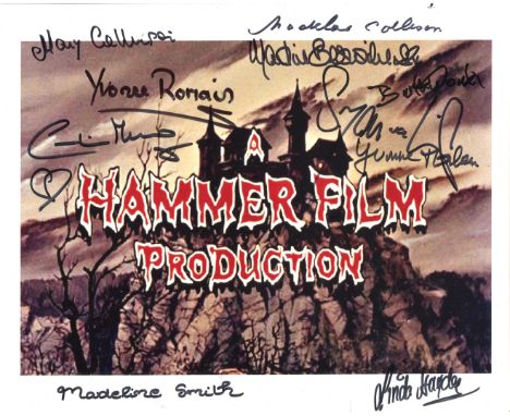 Hammer Horror. 8x10 photo signed by TEN actors who have appeared in Hammer movies, including Caroline Munro, Yvonne Romain, M