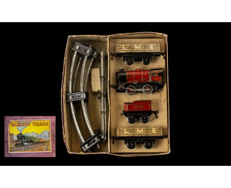 Hornby Tinplate TS-404 LMS 0 Gauge Clockwork Train M 1 Goods Set, c 1930s 0-4-0 Locomotive, Tender no. 3435 comprising locomo